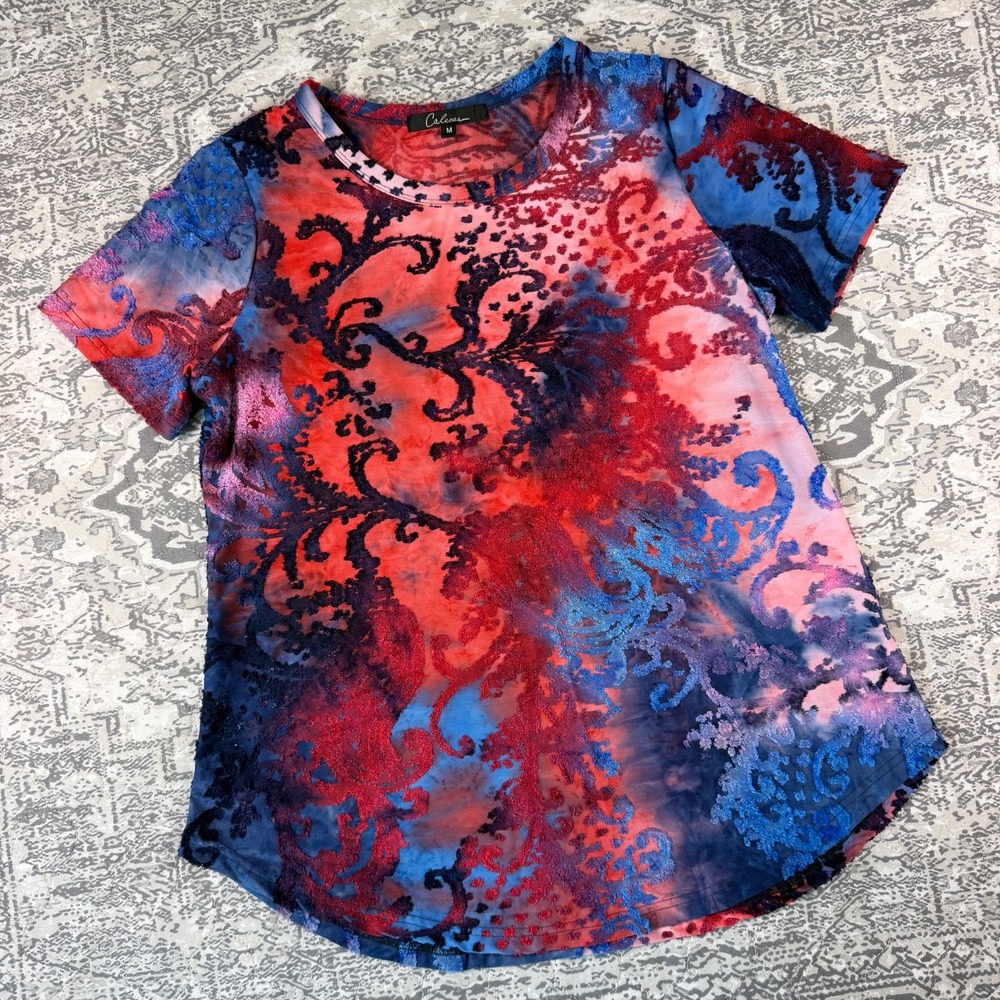 Caleoas Women Short Sleeve Velvet Burnout Shirt Medium Whimsigoth Boho Tie Dye